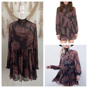 Free People sheer mini dress long sleeve chiffon paisley country prairie small